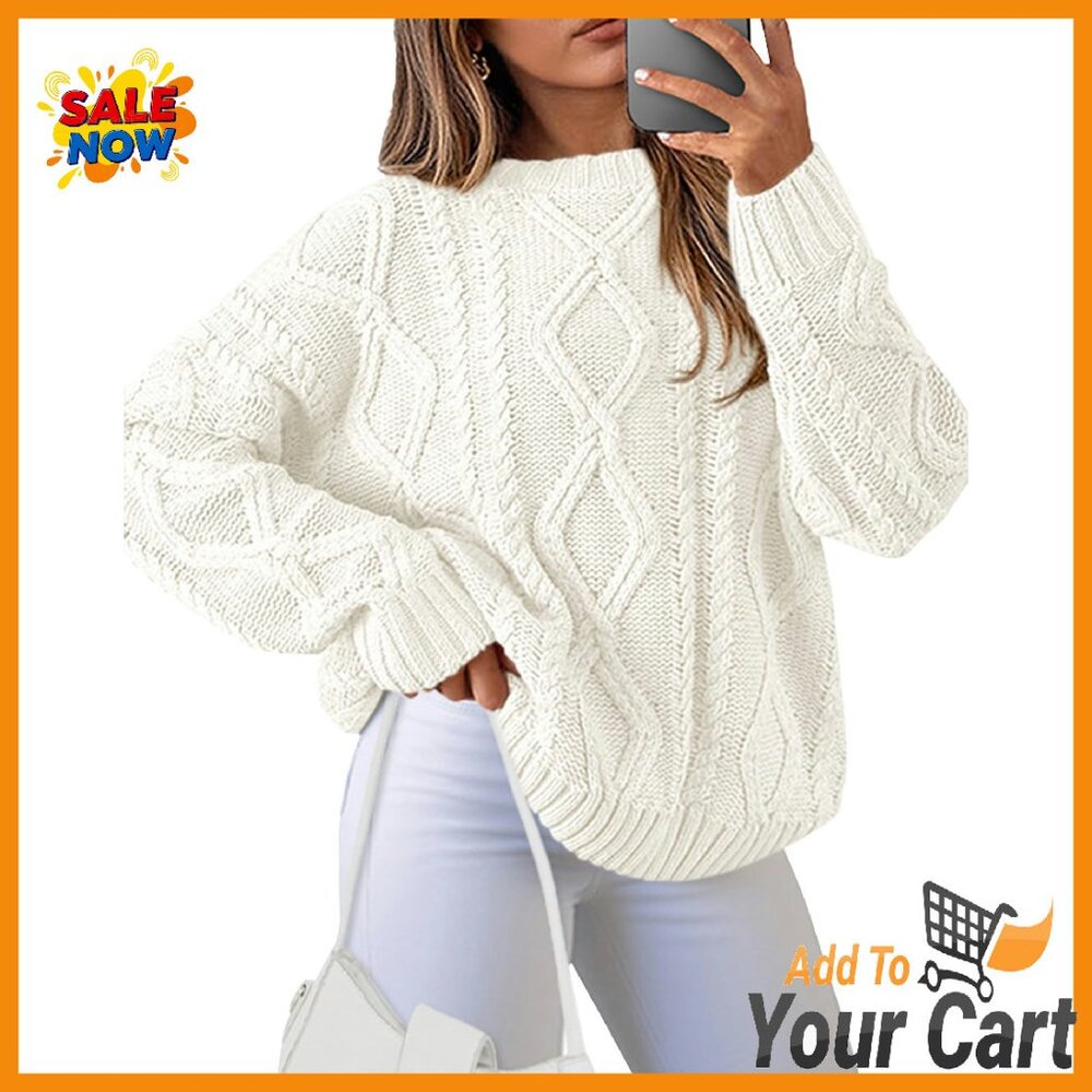 Cozy Ribbed Cable Knit Pullover Sweater Loose Fit Long Sleeve Crewneck
